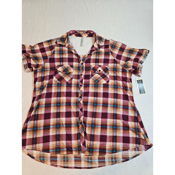 Womens Plus Size Plaid Button-Up Shirt Lace Back Size 2X Pockets - Picture 8 of 15